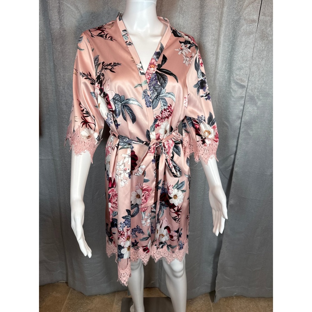 LE ROSE Women's Pink Floral Satin Lace Trim Kimono Robe‎ Short Sleeve Sleepwear